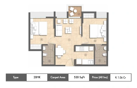 2 BHK-530 SqFt